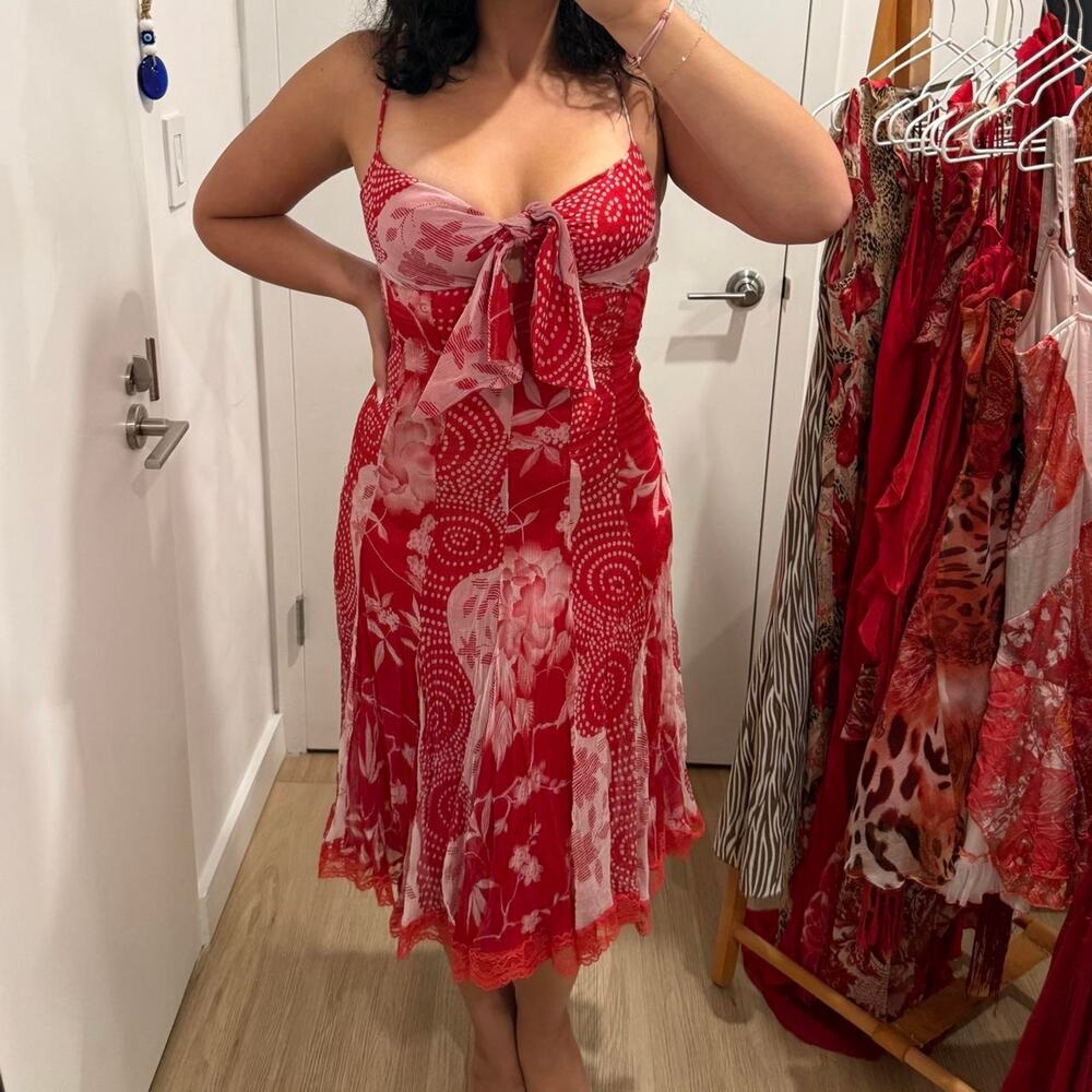 Vintage French Jeff Gallano Silk Midi Red Floral Dress
